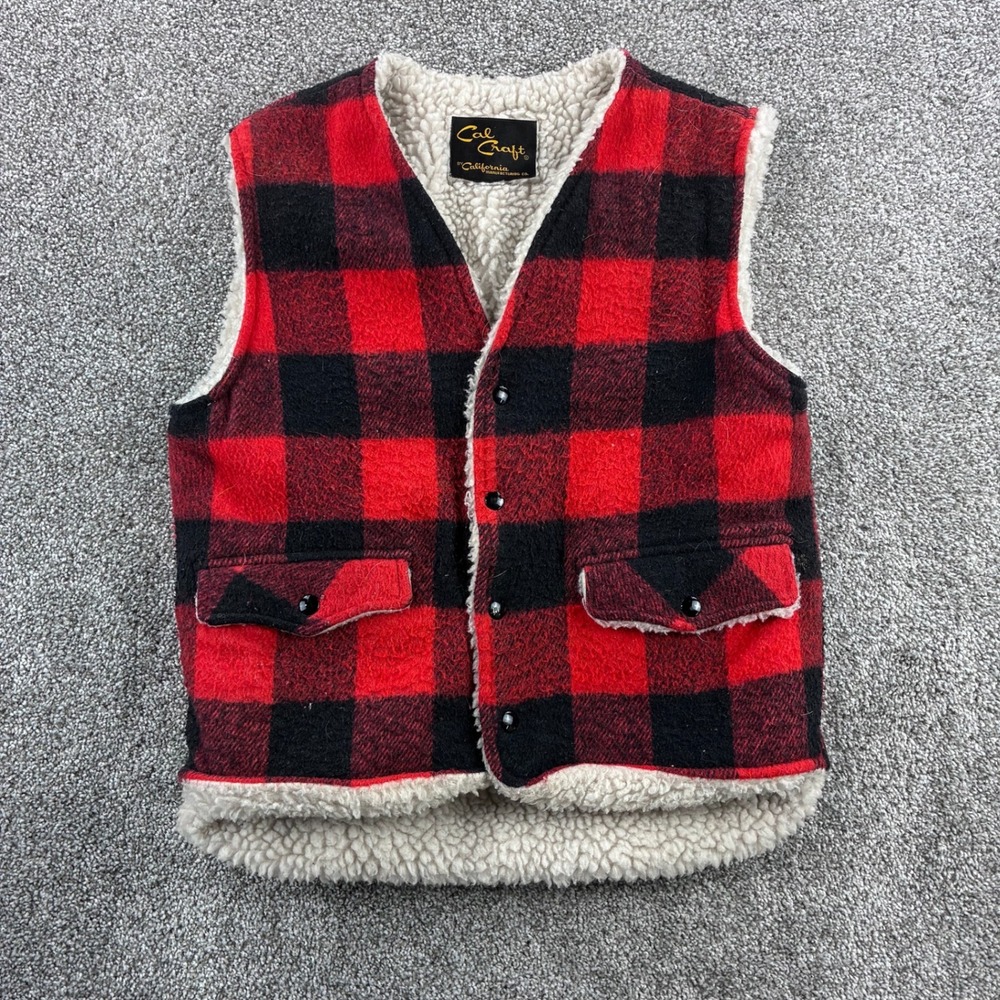 Vintage Cal Craft Vest Mens M Red Black Buffalo Plaid Sherpa Lined Western Snap